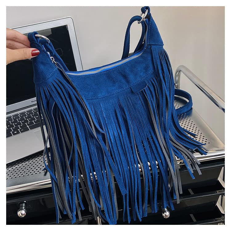 Boho Hippie Purses Fringe Tassel Faux Suede Shoulder Messenger CrossBody Sling Bag Country Concert Outfits for Women (Navy,One Size)