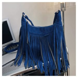 Boho Hippie Purses Fringe Tassel Faux Suede Shoulder Messenger CrossBody Sling Bag Country Concert Outfits for Women (Navy,One Size)