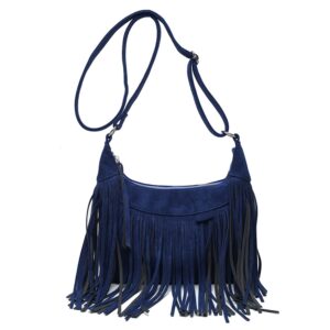 Boho Hippie Purses Fringe Tassel Faux Suede Shoulder Messenger CrossBody Sling Bag Country Concert Outfits for Women (Navy,One Size)