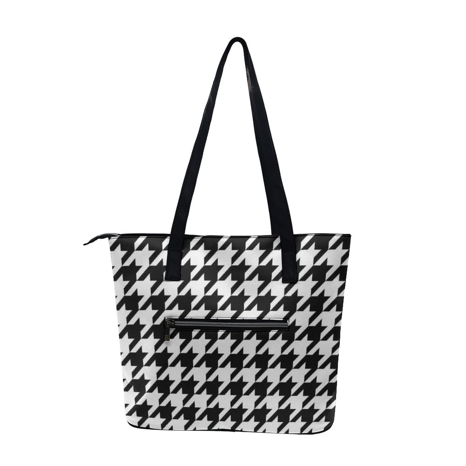 Women's Fashion PU Leather Shoulder Bags Lightweight Water Resistant Durable Large Capacity Tote Purse Work Travel Weekend Handbag (Abstract Modern Striped Houndstooth And Watercolor Effect Black)