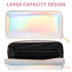 TENDYCOCO Sparking Cell Pouch Wallet Clutch Carteras Pu Women Female Coin Leather Long Wallets Credit Rainbow Portfel Shining Silver Zipper Holographic Slim Bag Purses Iridescent Girls for