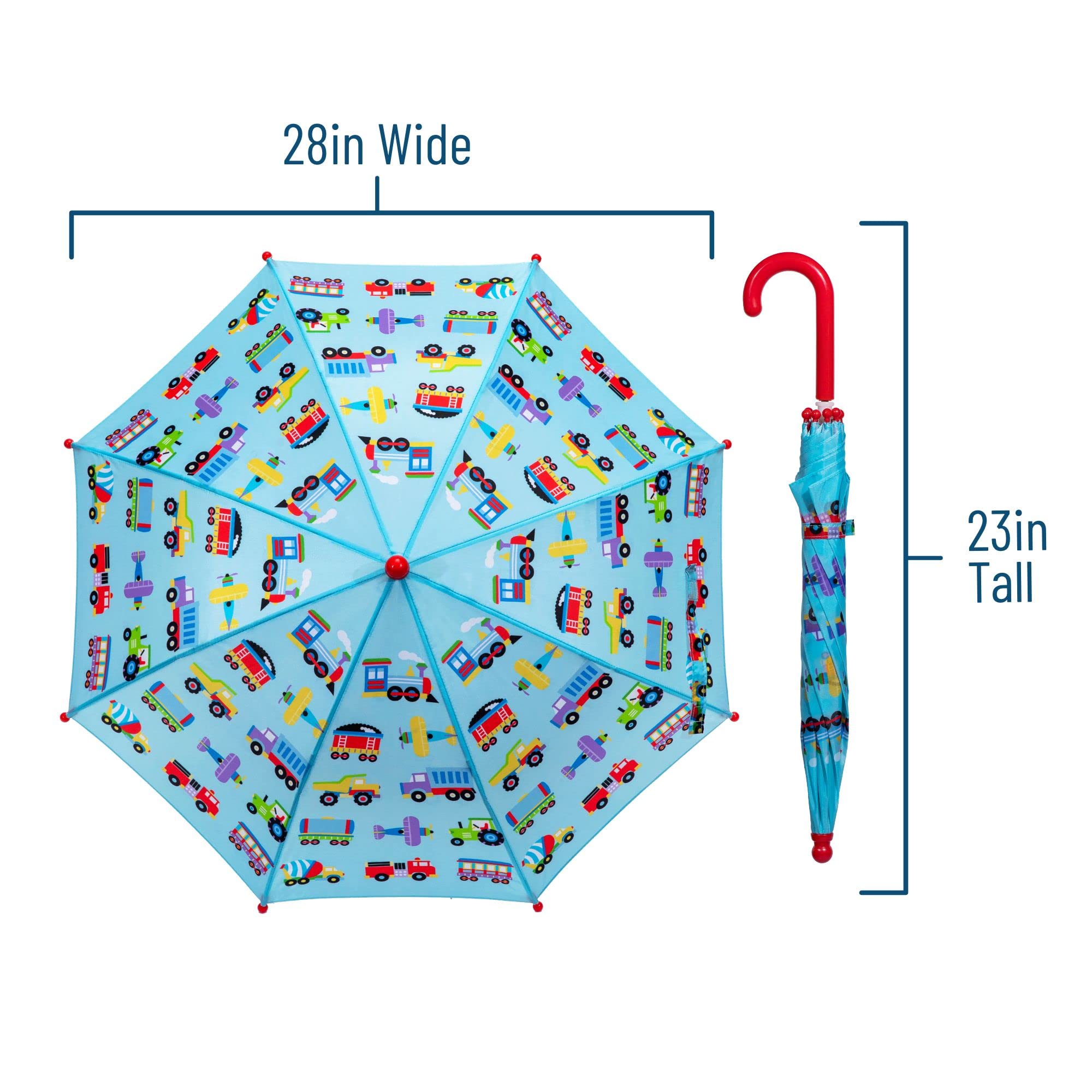 Wildkin Kids Umbrella for Boys & Girls, Features Rainproof Canopy and Curved Handle for Easy Hanging, Wrap Around Hook and Loop Closure Umbrella for Kids (Trains, Planes & Trucks)