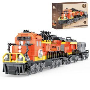 brick story city cargo train building set, bnsf freight trains model, steam locomotive train building blocks toys, gift trains for boys&girls kids aged 8-14, 635 pieces