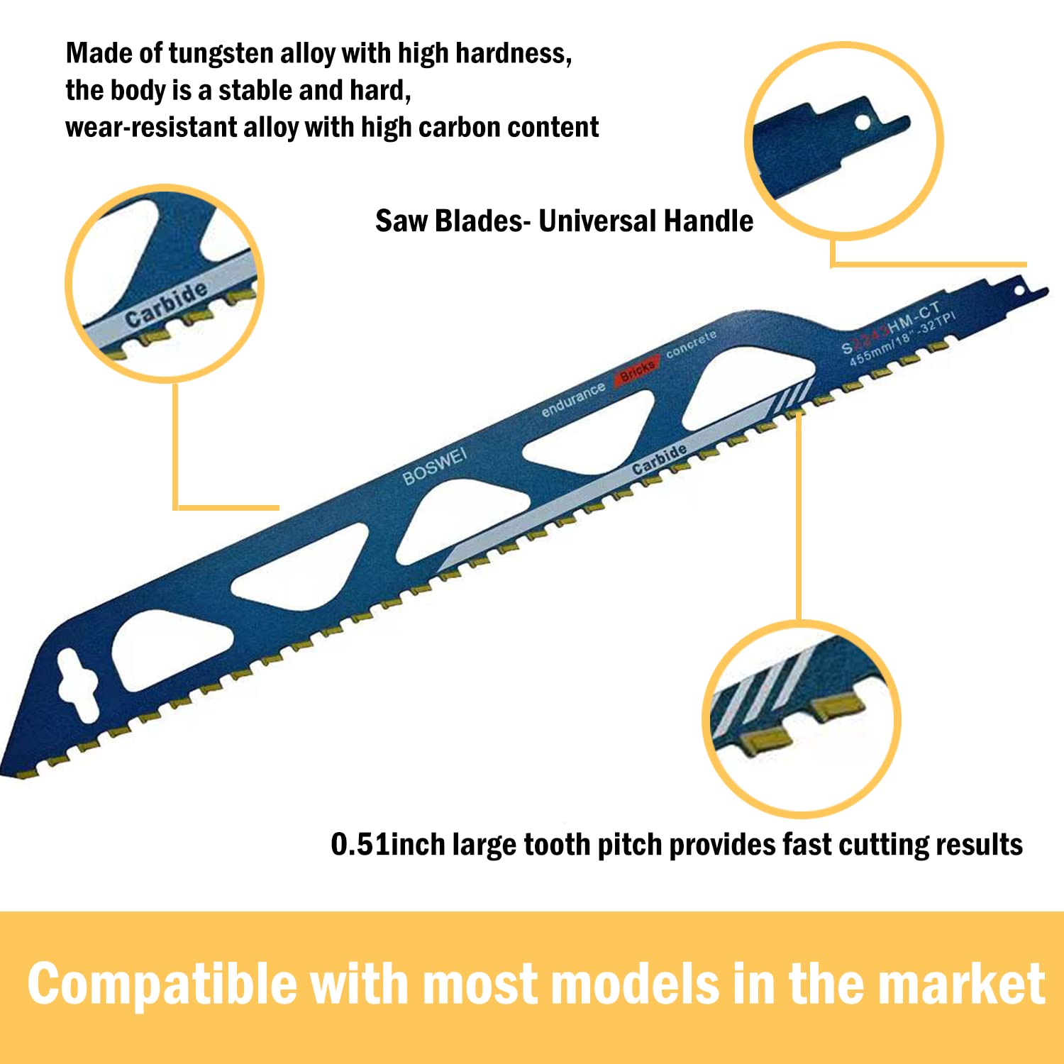 BOSWEI 18 inch 20TPI Reciprocating Saw Blade Demolition Masonry Hard Alloy Saw Blades, Pruning Blades Suitable for Cutting Tiny Wood, Porous Concrete, Brick