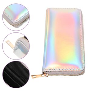 TENDYCOCO Sparking Cell Pouch Wallet Clutch Carteras Pu Women Female Coin Leather Long Wallets Credit Rainbow Portfel Shining Silver Zipper Holographic Slim Bag Purses Iridescent Girls for