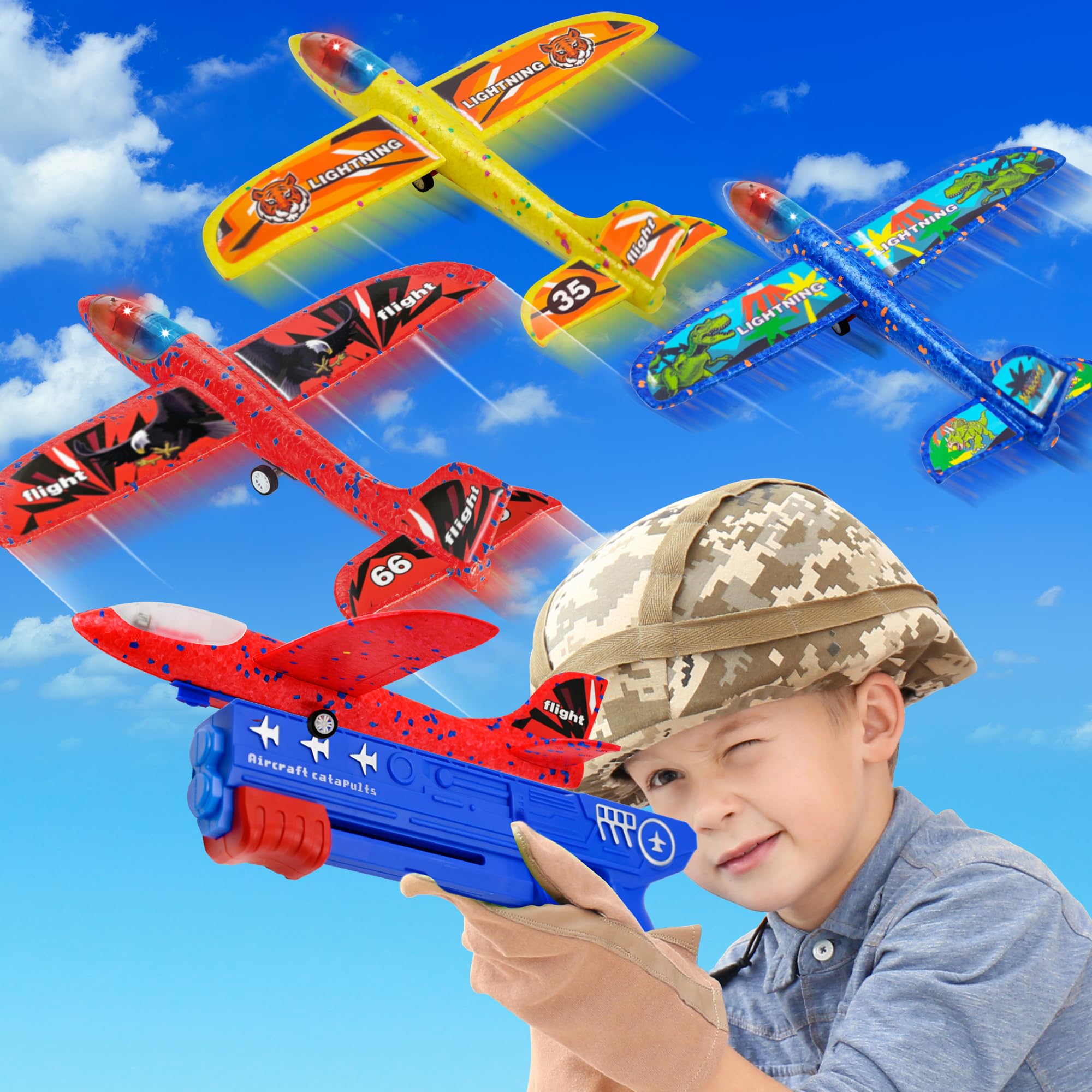 3 Pack Airplane Launcher Toys, LED Flying Foam Airplane Glider with 2 Flight Modes, Catapult Plane for Boys, Outdoor Sports Flying Toy for Kids,Birthday Gifts for Ages 3-12 Year Old