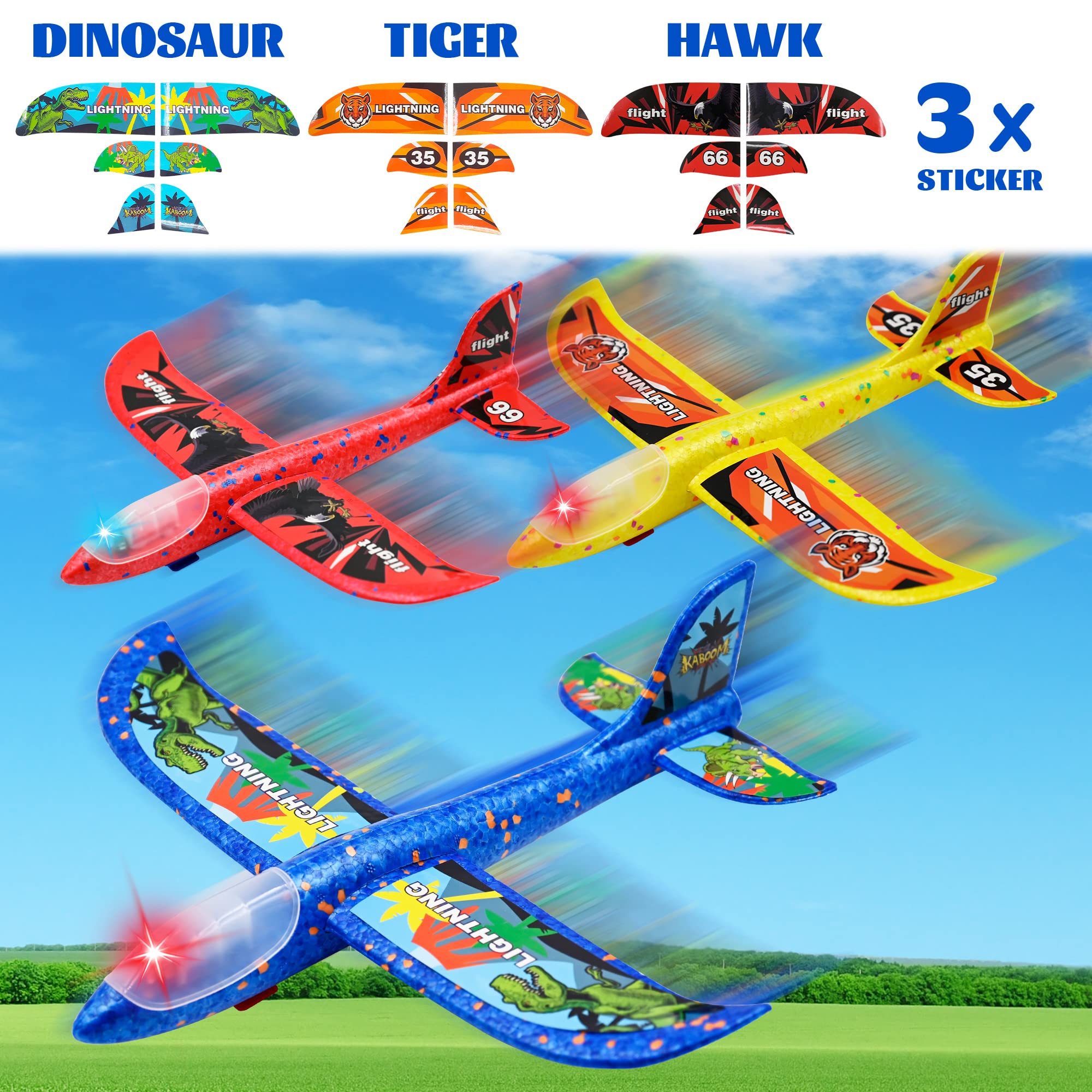 3 Pack Airplane Launcher Toys, LED Flying Foam Airplane Glider with 2 Flight Modes, Catapult Plane for Boys, Outdoor Sports Flying Toy for Kids,Birthday Gifts for Ages 3-12 Year Old