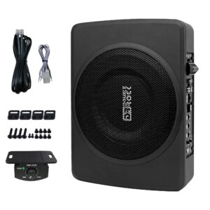 DR DOUBLE ROCK CB08 8 inch Slim Under Seat Car Subwoofer Car Audio Powered 600 Watts Car Truck Audio Sub Built in Amplifier Active Slim Subwoofer New Upgraded with Black Aluminum and Green LED