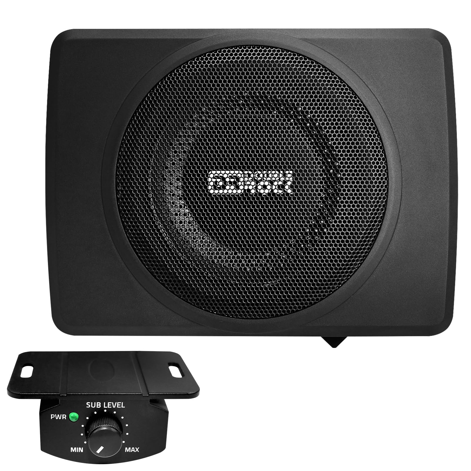 DR DOUBLE ROCK CB08 8 inch Slim Under Seat Car Subwoofer Car Audio Powered 600 Watts Car Truck Audio Sub Built in Amplifier Active Slim Subwoofer New Upgraded with Black Aluminum and Green LED