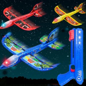 3 Pack Airplane Launcher Toys, LED Flying Foam Airplane Glider with 2 Flight Modes, Catapult Plane for Boys, Outdoor Sports Flying Toy for Kids,Birthday Gifts for Ages 3-12 Year Old