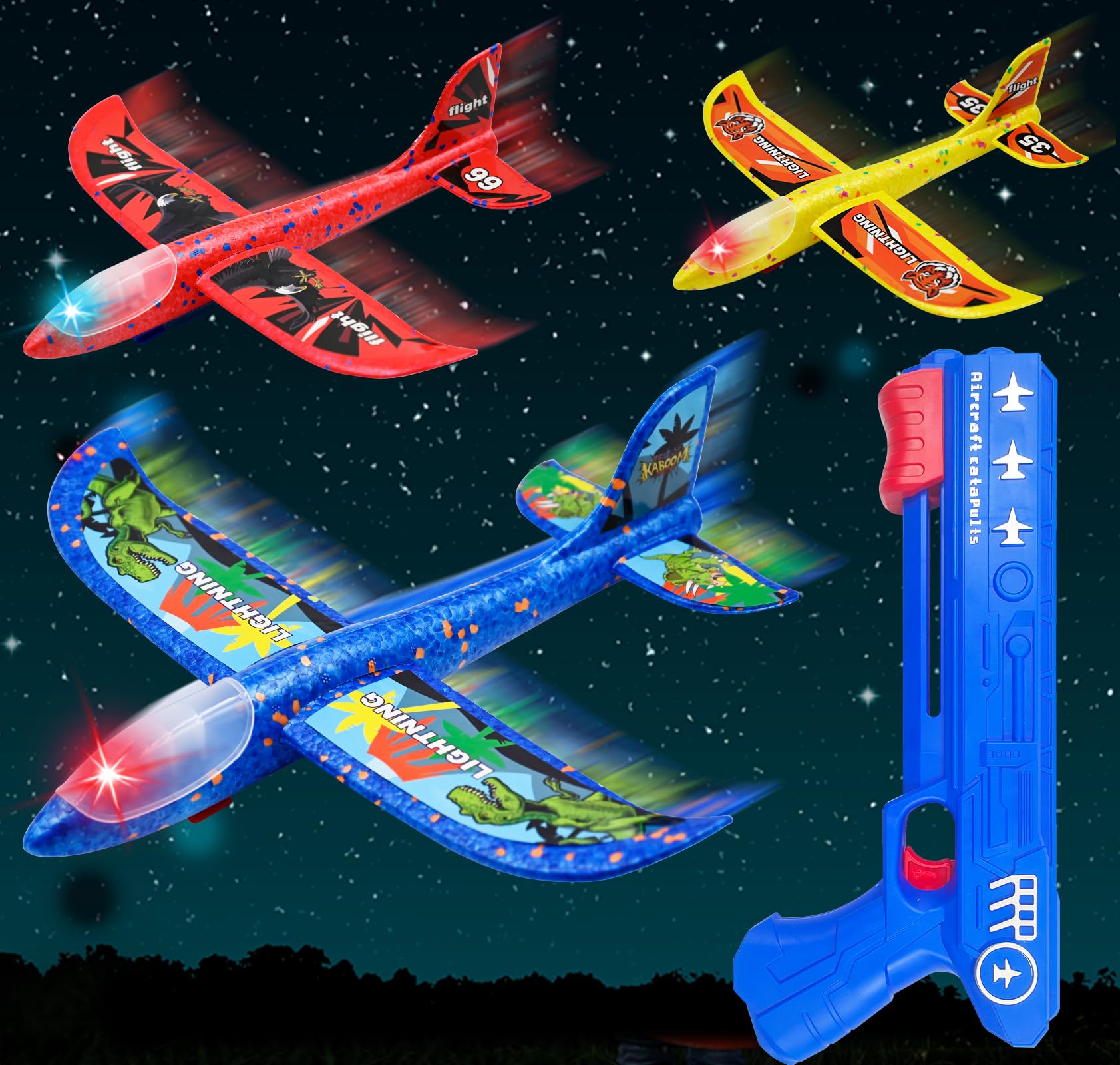 3 Pack Airplane Launcher Toys, LED Flying Foam Airplane Glider with 2 Flight Modes, Catapult Plane for Boys, Outdoor Sports Flying Toy for Kids,Birthday Gifts for Ages 3-12 Year Old