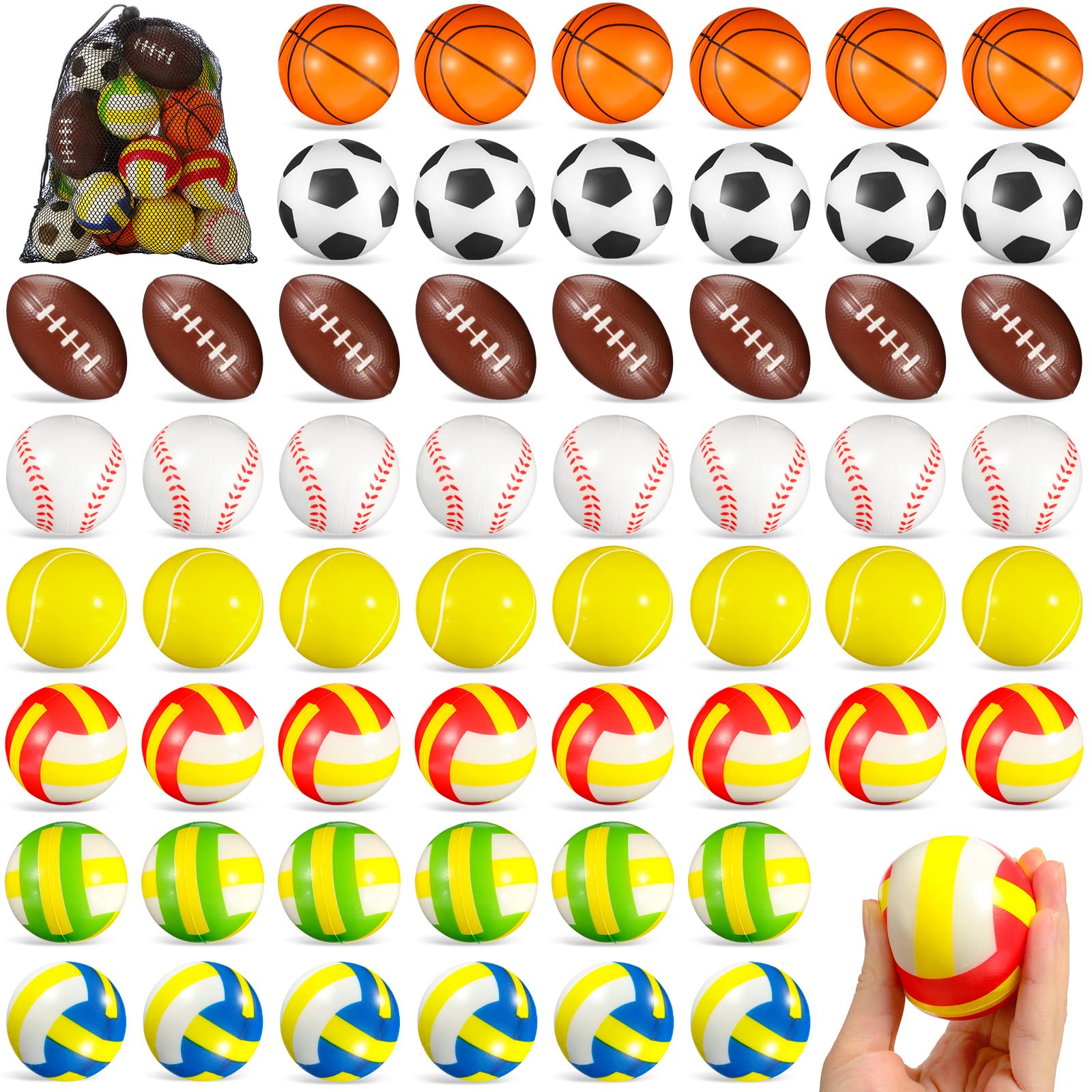 72 Pcs Sports Stress Balls Bulk 2.5 Inch Party Favor for Kids Mini Foam Stress Balls Pool Beach Toys Basketball Football Baseball Soccer Tennis Volleyball for Sports Party Supplies, Stress Relief