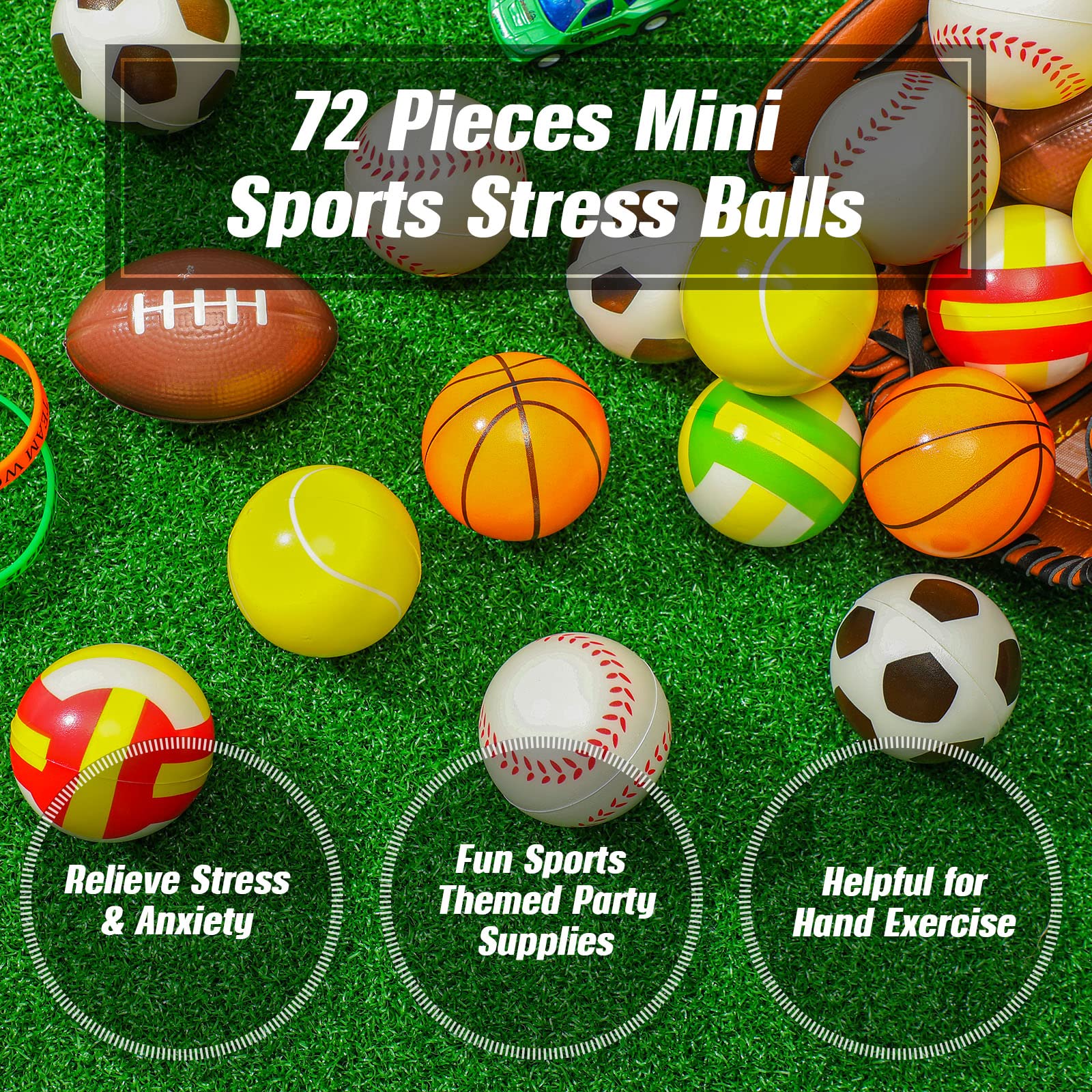 72 Pcs Sports Stress Balls Bulk 2.5 Inch Party Favor for Kids Mini Foam Stress Balls Pool Beach Toys Basketball Football Baseball Soccer Tennis Volleyball for Sports Party Supplies, Stress Relief