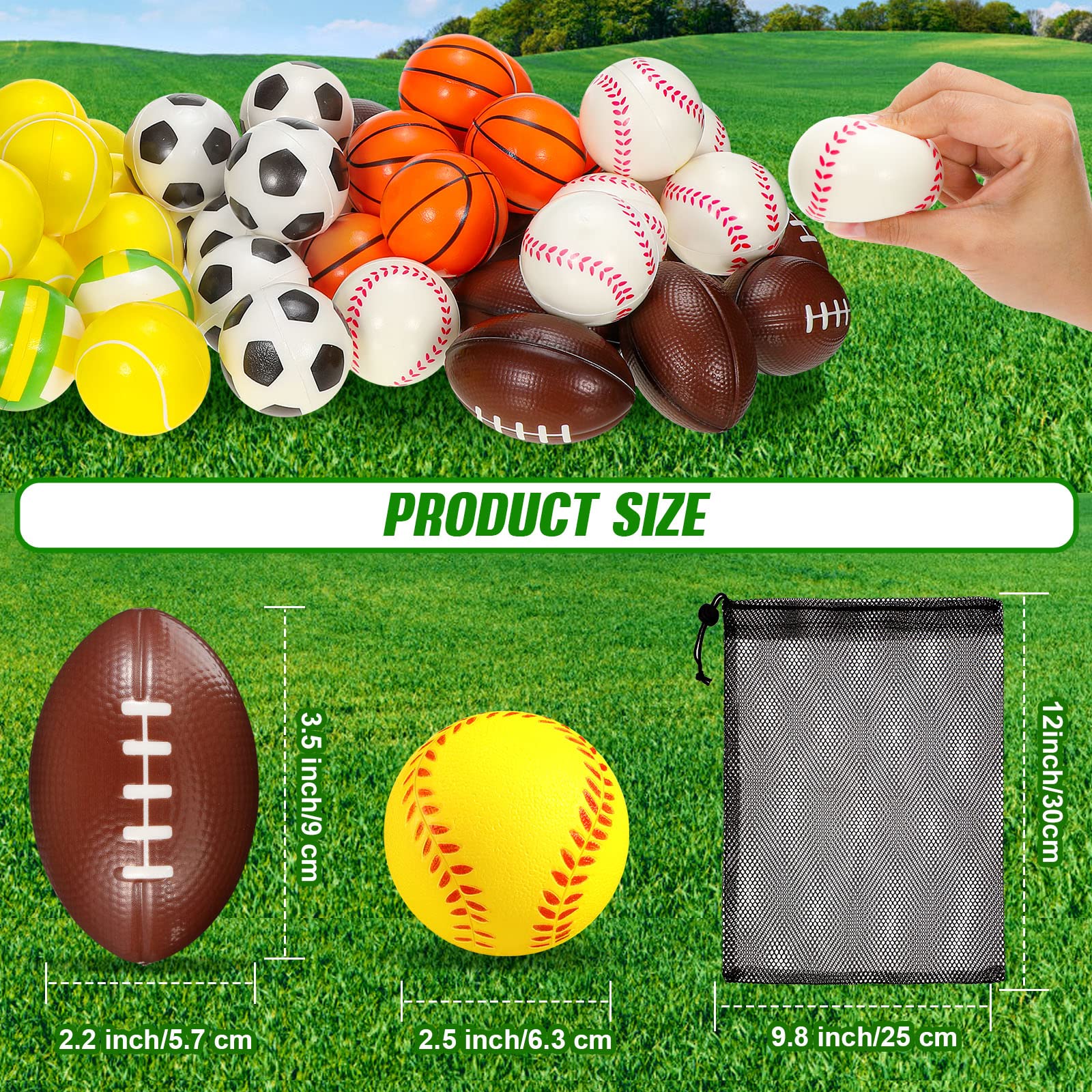 72 Pcs Sports Stress Balls Bulk 2.5 Inch Party Favor for Kids Mini Foam Stress Balls Pool Beach Toys Basketball Football Baseball Soccer Tennis Volleyball for Sports Party Supplies, Stress Relief