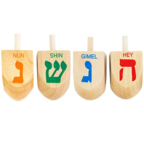 Wooden Dreidel's Game Top Assorted Color Put and Take Game Pack with 4 Wooden Dreidel's