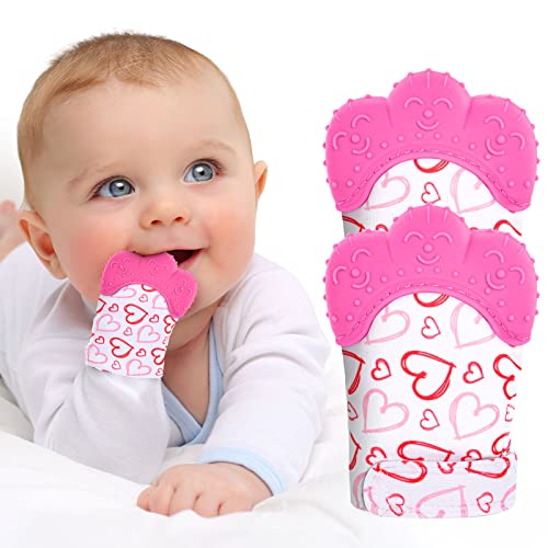 2Pack Silicone Teething Mitt, Soothing Infant Teething Mitten Pain Relief, Prevent Scratches Glove, Safe Silicone Teething Toys for 0-12 Months