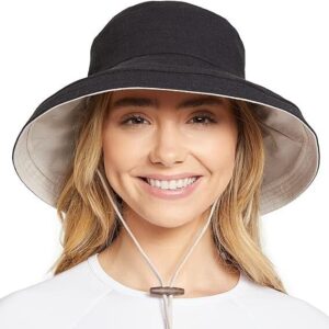 solbari holiday sun hat - upf50+ reversible, foldable & packable uv sun protection hat with full coverage brim and adjustable drawcord, black/beige, small-medium