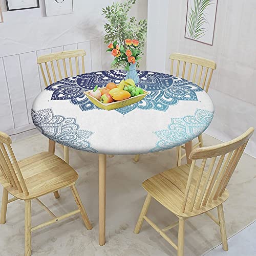 Henna Round Fitted Tablecloth with Elastic Edge,South Mandala Design Vibrant Color Print Polyester Table Cover, XXLarge, Fit Round Tables up 65"-71" Diameter, for Picnic Party