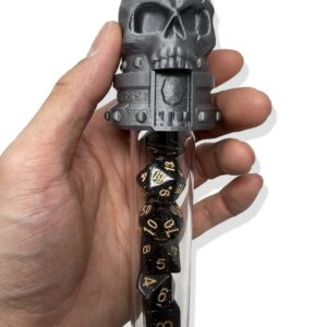 MunnyGrubbers - Skull Potion Vial Dice Holder - (Random 7PCS D20 Dice Set Included) - Dice Storage and Display - Tabletop RPG - Dungeons and Dragons - DND - D&D - (Silver)