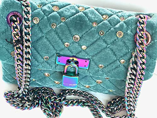 Kurt Geiger Women’s Mini Brixton Lock Crystal Beaded Teal Quilted Crossbody Shoulder Bag