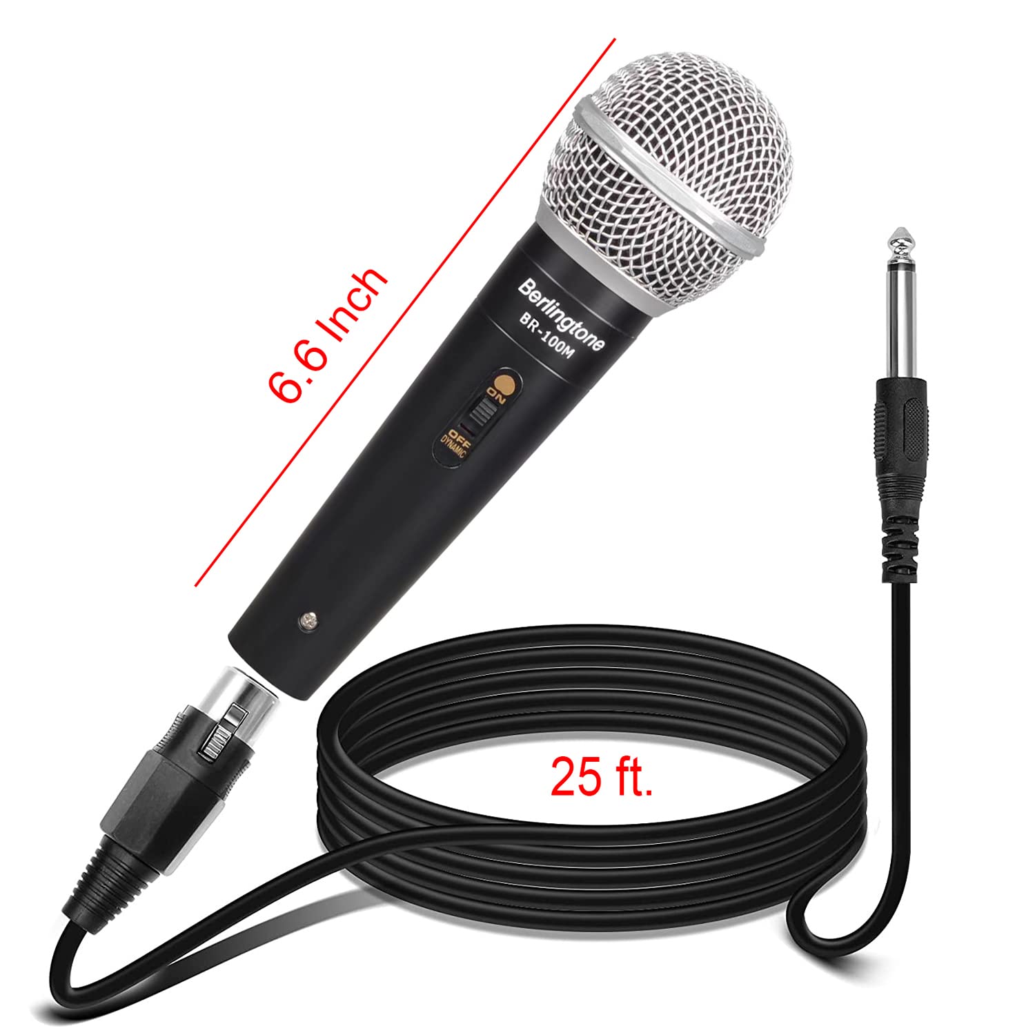 Berlingtone Dynamic Vocal Microphone - Metal Casing, Moving Coil Dynamic Cardioid Unidirectional Handheld Microphone with ON/OFF Switch Includes 25ft XLR Audio Cable to 1/4'' Audio Connection, BR-100M