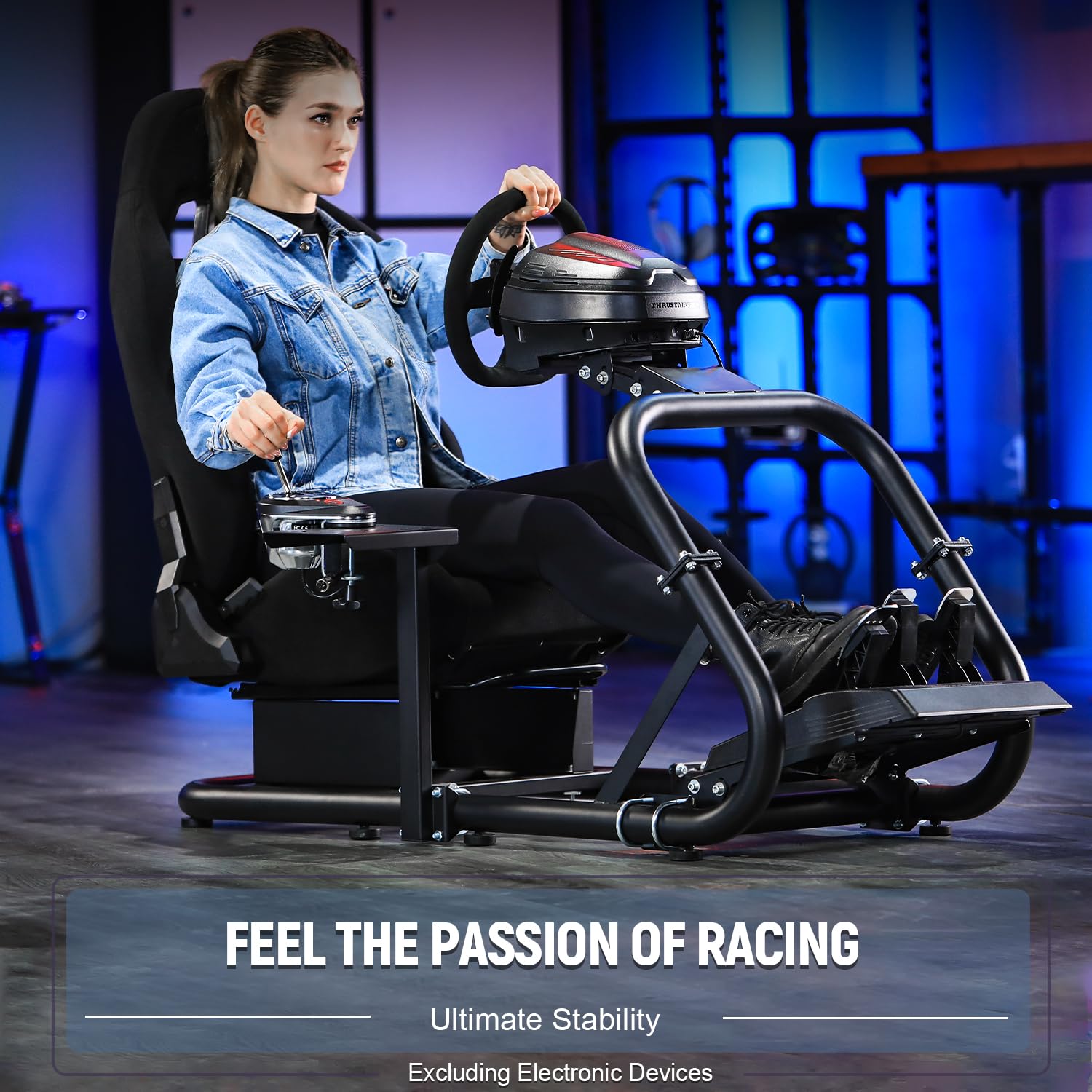 Marada Stable Racing Simulator cockpit with black seats, suitable for Fanatec Moza Thrustmaster Logitech, adjustable in three directions, electronic devices not included