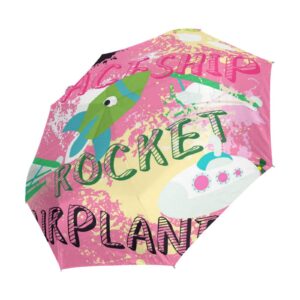 Acpiggto Folding Umbrella Rocket Plane Spaceship Universe Hippie Pink Travel Sun Rain Compact Umbrella Parasol Outdoor Auto for Kids Girl Boy Women Men