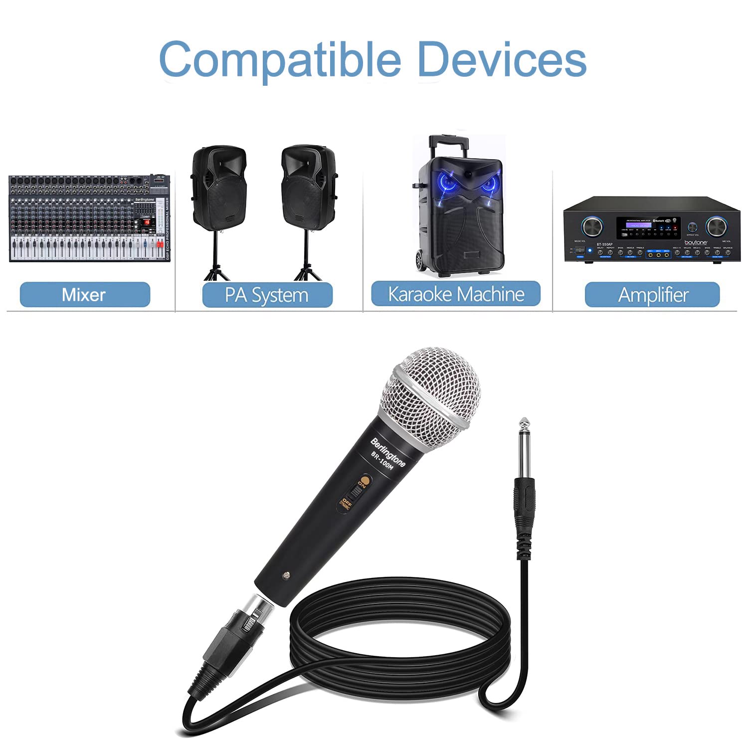 Berlingtone Dynamic Vocal Microphone - Metal Casing, Moving Coil Dynamic Cardioid Unidirectional Handheld Microphone with ON/OFF Switch Includes 25ft XLR Audio Cable to 1/4'' Audio Connection, BR-100M