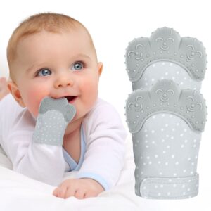 2pack silicone teething mitt, soothing infant teething mitten pain relief, prevent scratches glove, safe silicone teething toys for 0-12 months