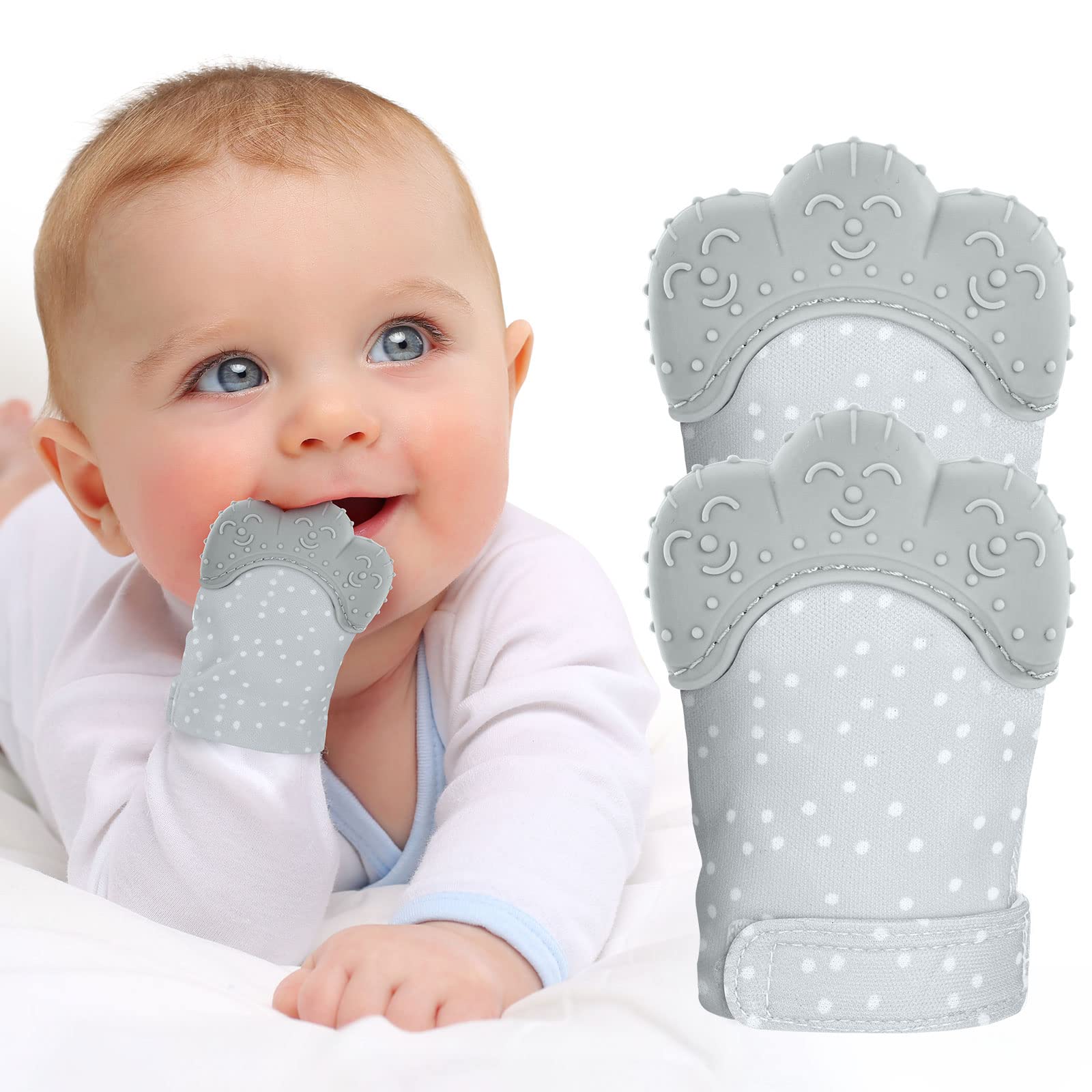 2Pack Silicone Teething Mitt, Soothing Infant Teething Mitten Pain Relief, Prevent Scratches Glove, Safe Silicone Teething Toys for 0-12 Months