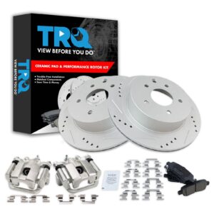 TRQ Rear Performance Brake Pad & Rotor Kit Brake Caliper Brake Pads Brake Rotors Set Ceramic Vented Premium G-Coated Compatible with 2013-2018 Nissan LEAF 2014-2018 Rogue 2017-2019 Rogue Sport