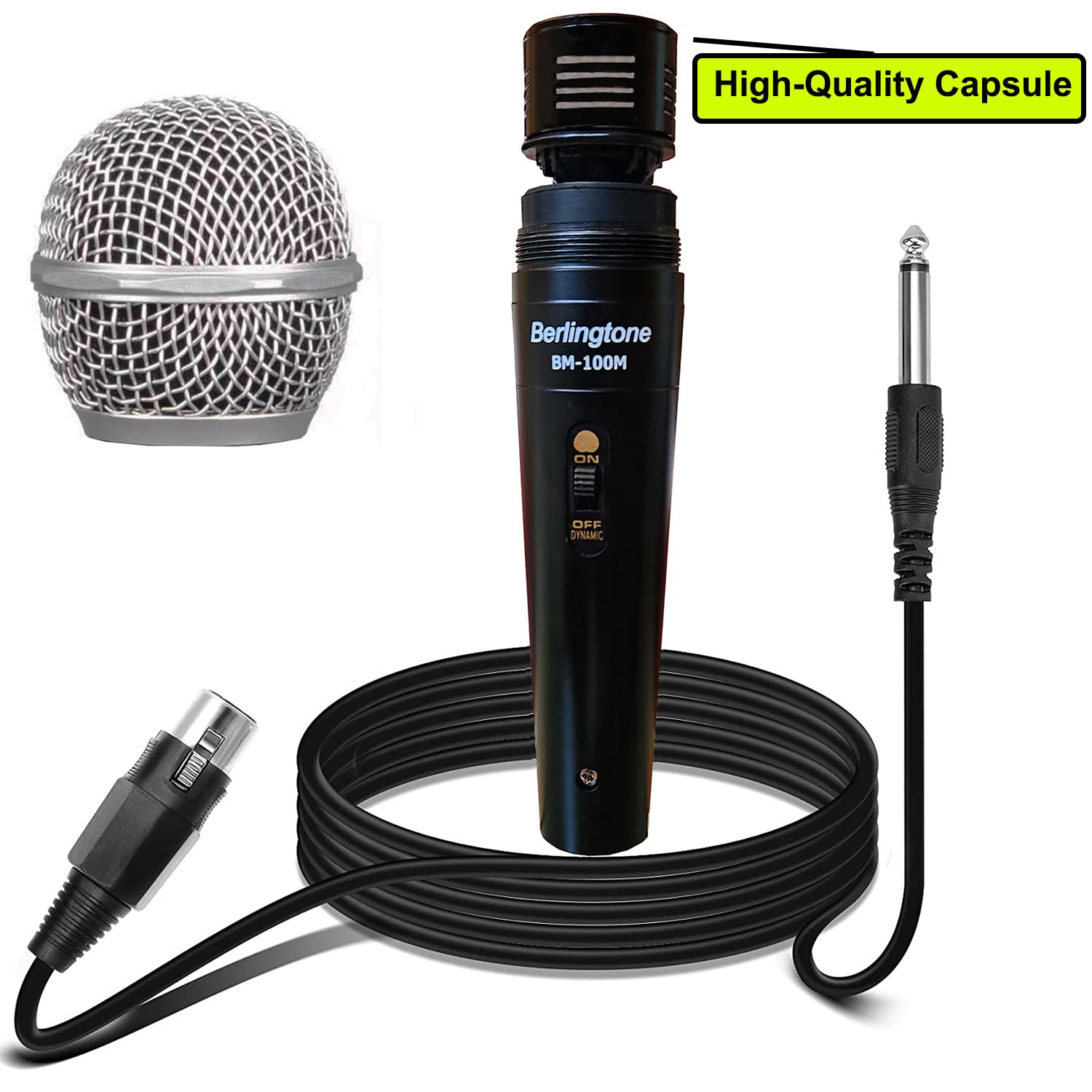 Berlingtone Dynamic Vocal Microphone - Metal Casing, Moving Coil Dynamic Cardioid Unidirectional Handheld Microphone with ON/OFF Switch Includes 25ft XLR Audio Cable to 1/4'' Audio Connection, BR-100M