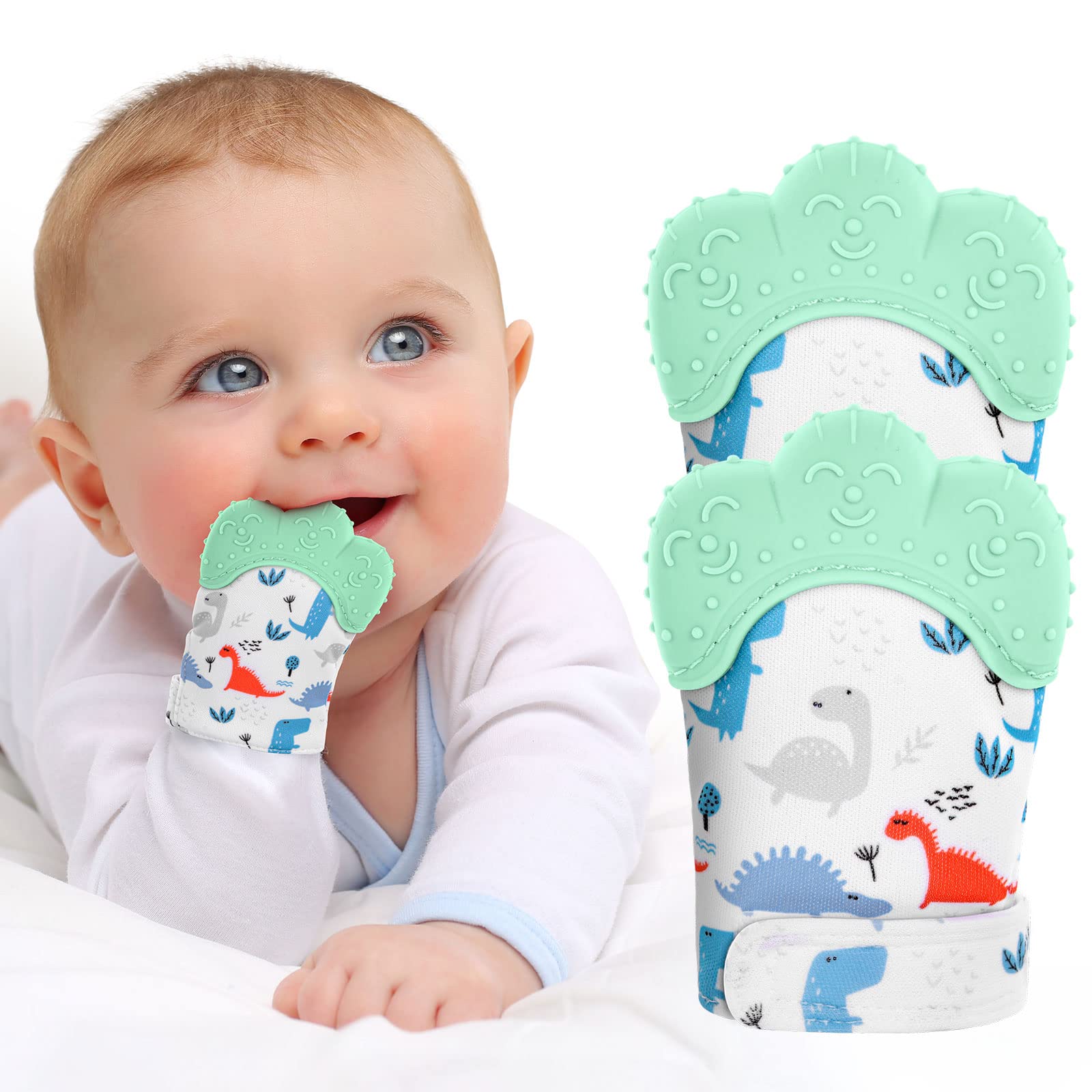 2Pack Silicone Teething Mitt, Soothing Infant Teething Mitten Pain Relief, Prevent Scratches Glove, Safe Silicone Teething Toys for 0-12 Months