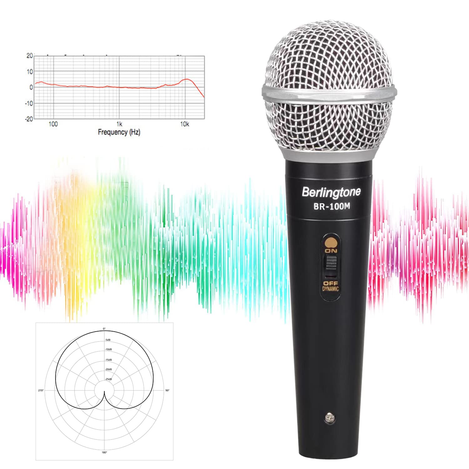 Berlingtone Dynamic Vocal Microphone - Metal Casing, Moving Coil Dynamic Cardioid Unidirectional Handheld Microphone with ON/OFF Switch Includes 25ft XLR Audio Cable to 1/4'' Audio Connection, BR-100M