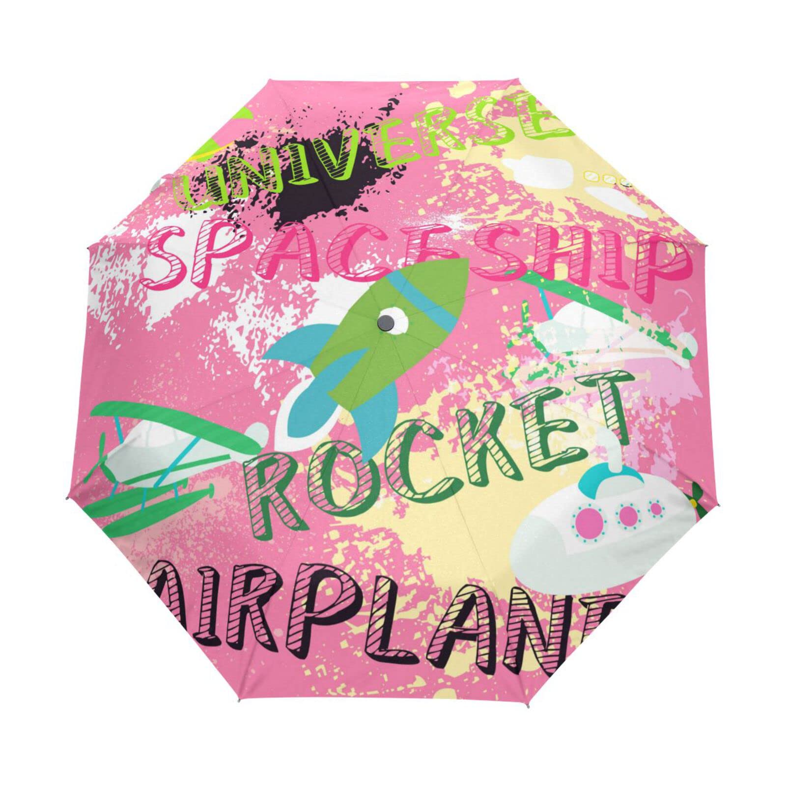 Acpiggto Folding Umbrella Rocket Plane Spaceship Universe Hippie Pink Travel Sun Rain Compact Umbrella Parasol Outdoor Auto for Kids Girl Boy Women Men