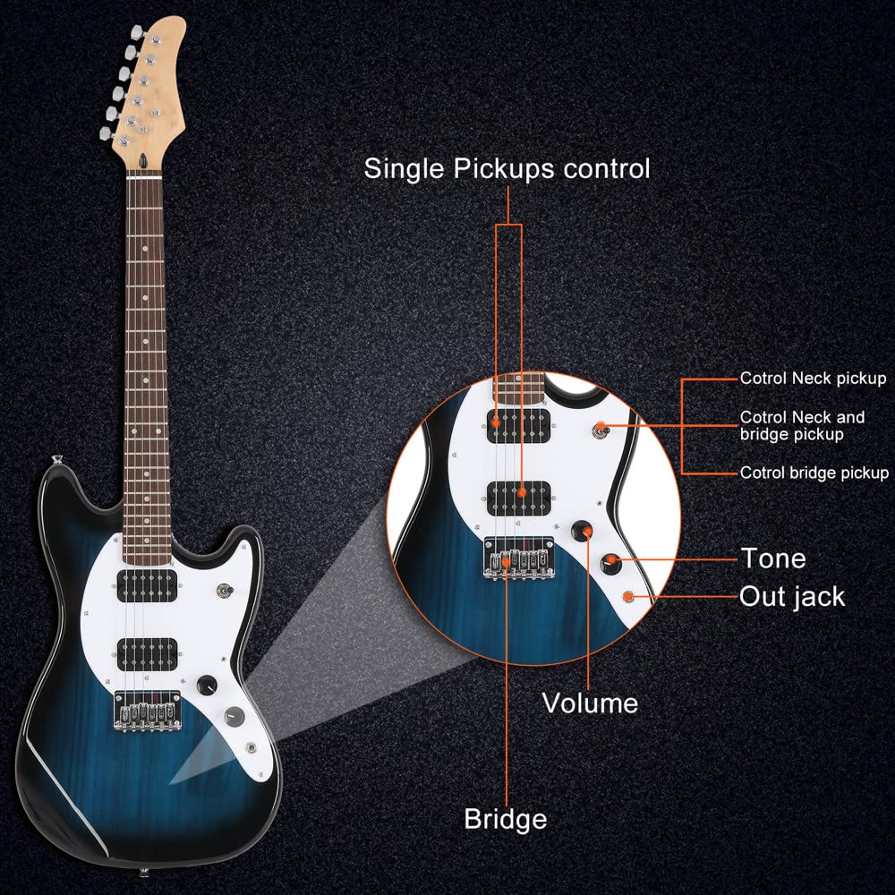 Ktaxon 39 Inch Electric Guitar Electric Guitar Kit Beginner Guitars with H-H Pickups, Basswood Body, Maple Neck, Laurel Wood Fingerboard(Blue)