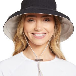 Solbari Holiday Sun Hat - UPF50+ Reversible, Foldable & Packable UV Sun Protection Hat with Full Coverage Brim and Adjustable Drawcord, Black/Beige, Small-Medium