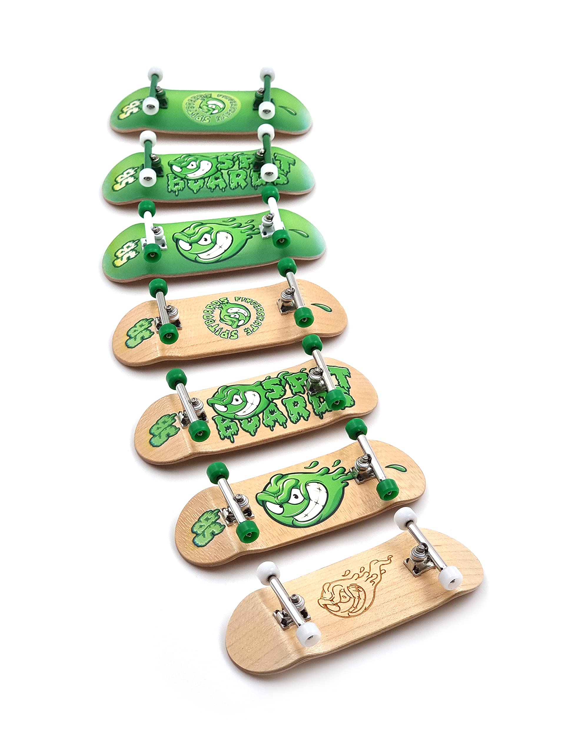 SPITBOARDS 34mm x 96mm Pro Fingerboard Set-Up (Complete) | Real Wood Deck | Pro Trucks with Lock-Nuts and Pro Bushings | Polyurethane Pro Wheels with Bearings | Slimeball (Wood Version)