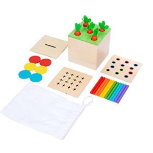 4 in 1 montessori play kit box - cotton swab board fine motor skills game,coin box, carrot harvest game, matchstick color drop game – montessori toys for babies 6-12 months, 1 year, 2 year