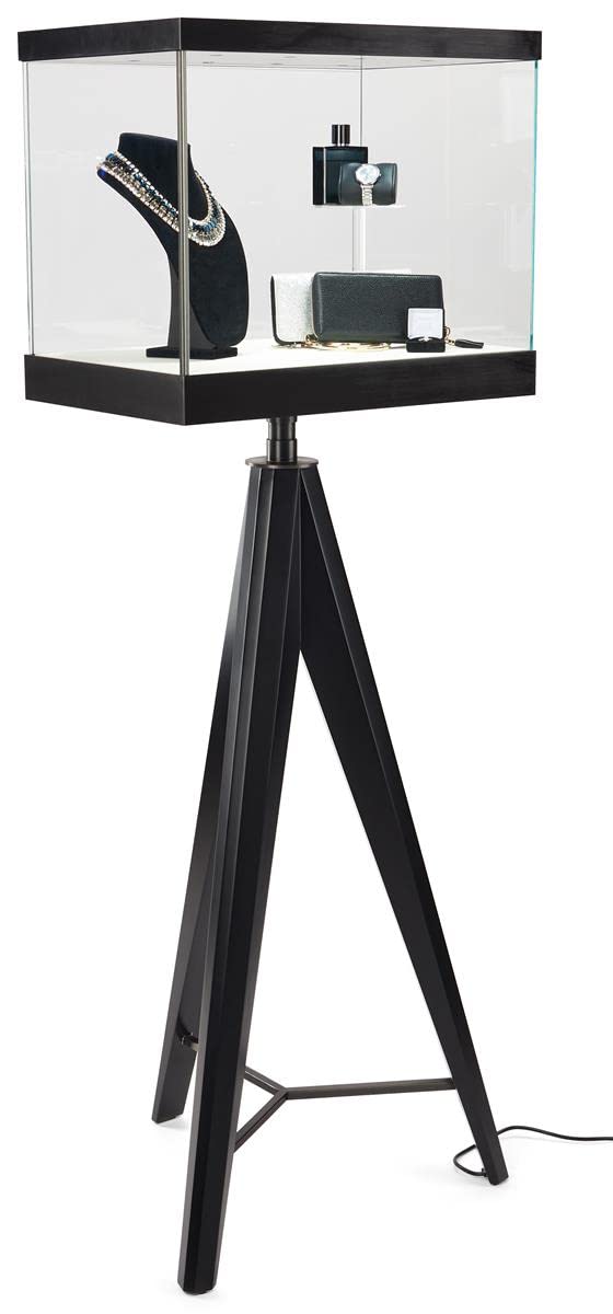 Displays2go 24" Glass Display Case w/ Pull-Out Door, 8 LED Lights, Tripod Legs - Black (DCTRIPLED)