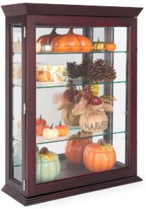 displays2go 21" countertop/wall mount display case, adjustable shelves, locking - mahogany (dcc2128mh2)