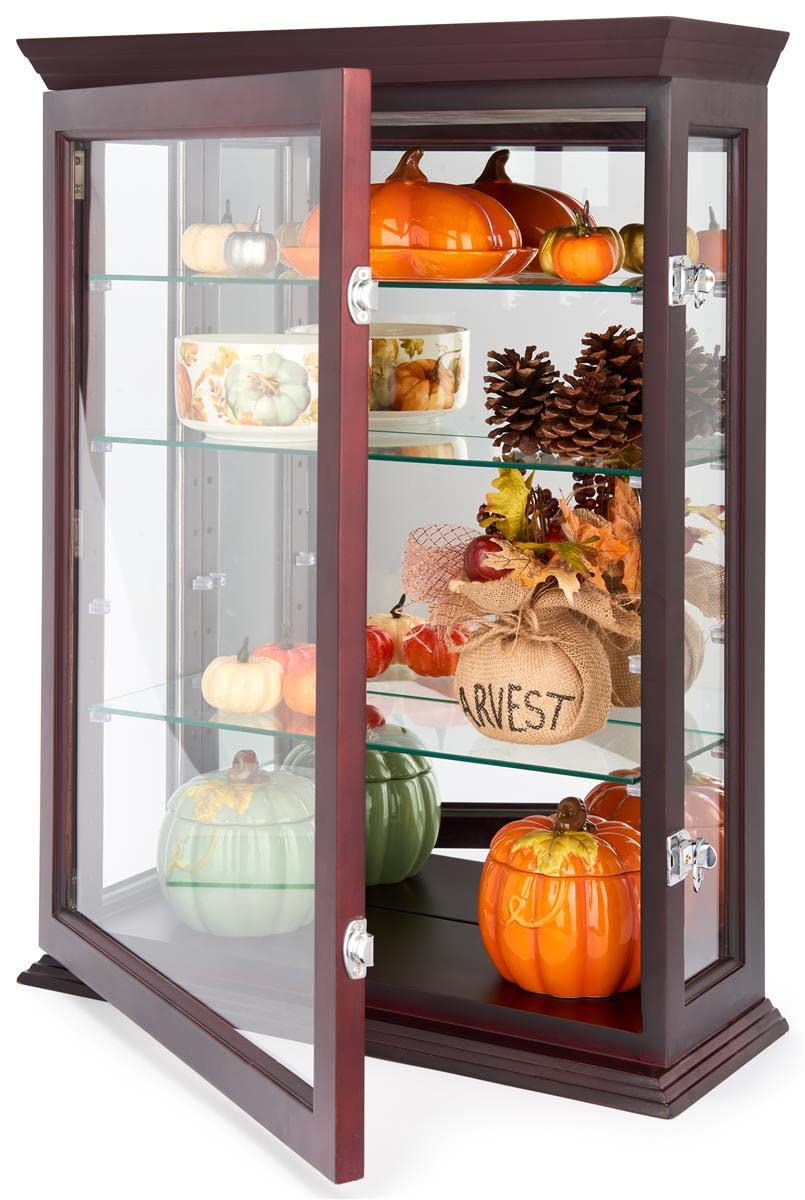 Displays2go 21" Countertop/Wall Mount Display Case, Adjustable Shelves, Locking - Mahogany (DCC2128MH2)