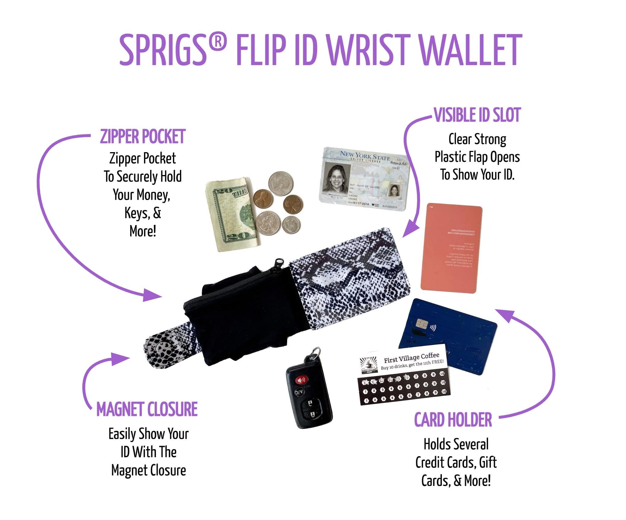 Sprigs Flip Id Wristband Wallet - Wallet Wrist Band - Wrist Band Zipper - Wrist Band with Zipper Pocket & Running Key Holder - Pocket Wristband for Keys Cash Card ID - Snakeskin/Black, Small/Medium