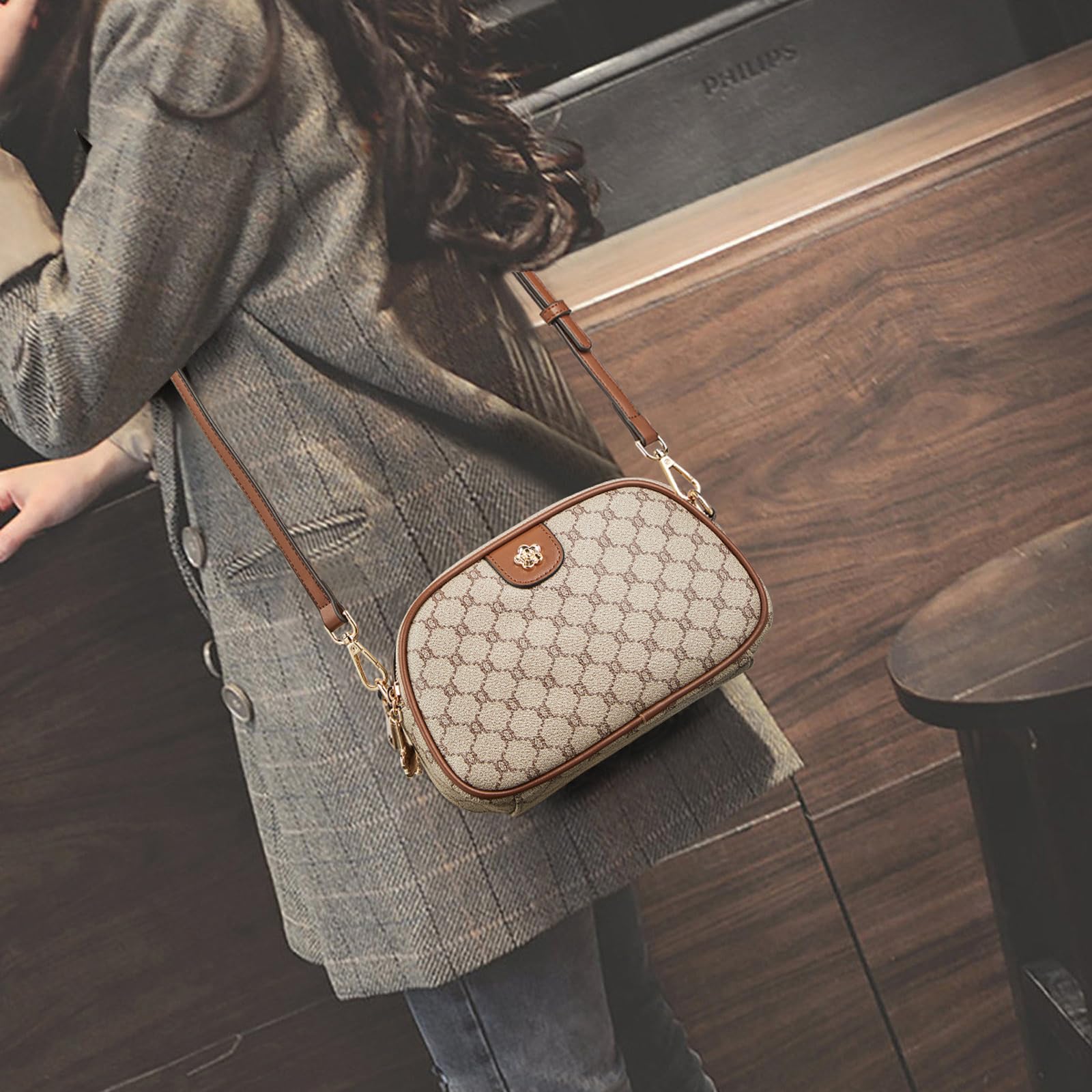 LAORENTOU Vegan Leather Small Crossbody Bag for Women PVC Checkered Purse Shoulder Crossbody Phone Bags (03 Light Brown)