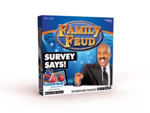 family feud survey says edition card game, complete with hundreds of questions, 150 question cards, 50 fast money cards, complementary app with sound effects from the show for 3 players