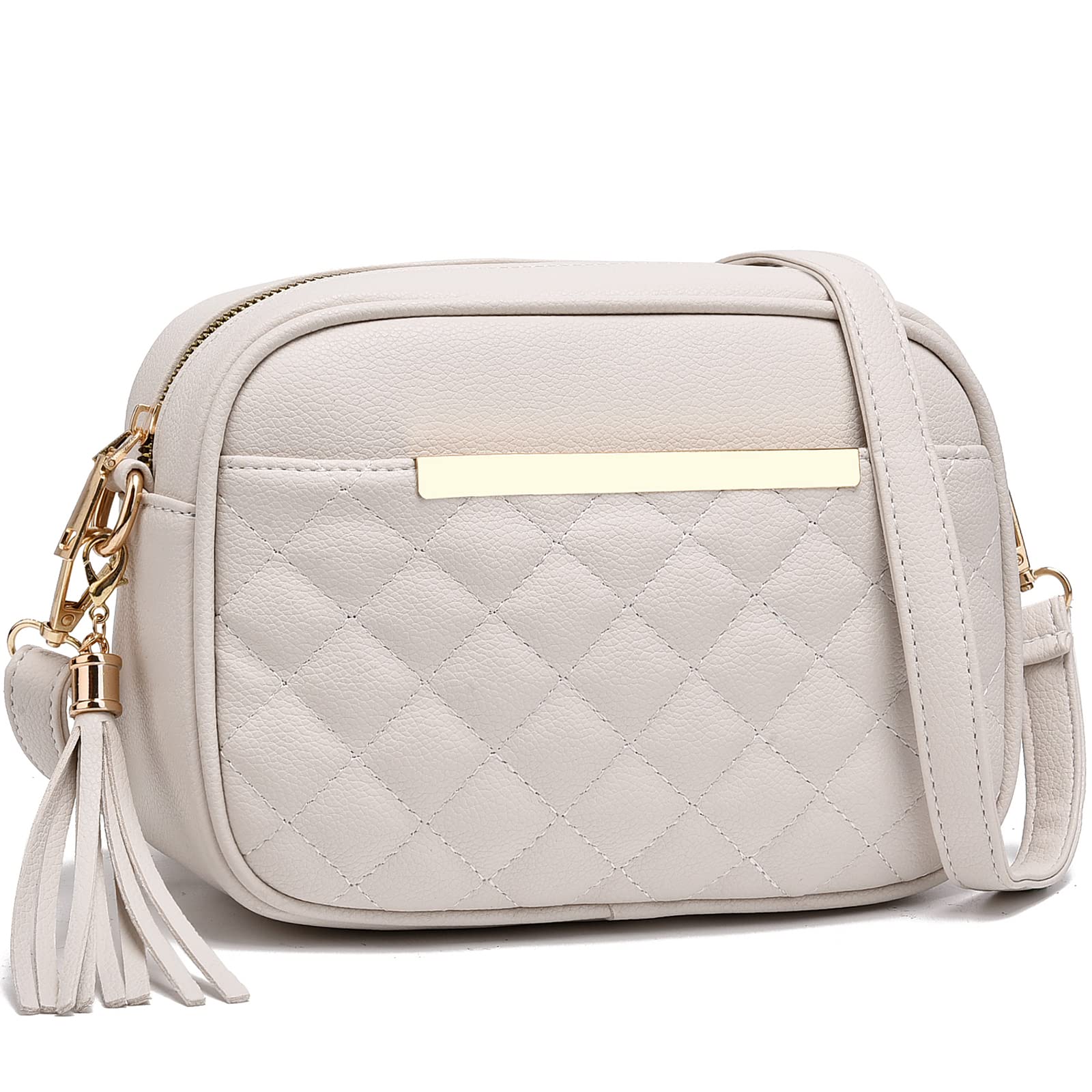 I IHAYNER Cute Little Multiple Pocket Small Crossbody Bag for Women Quilted Shoulder Purse for Ladies Lightweight Purse With Tassel White