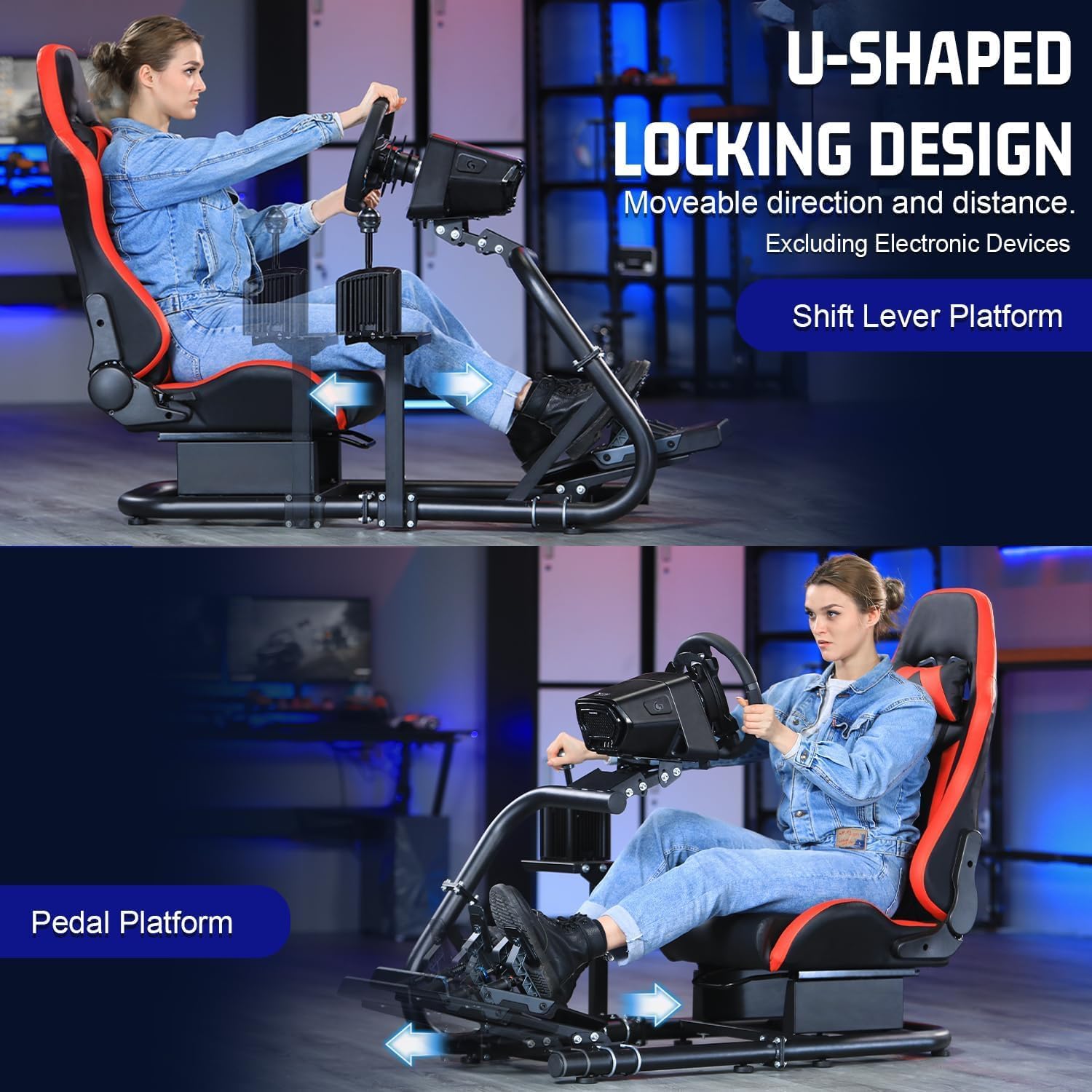 Marada Racing Simulator Cockpit with Red Seat Fit for Logitech/Thrustmaster/Fanatec G29 G920 G923 T80 T150,Fanatec,Adjustable Driving Steering Wheel Stand,Pedal & Wheel Not Included