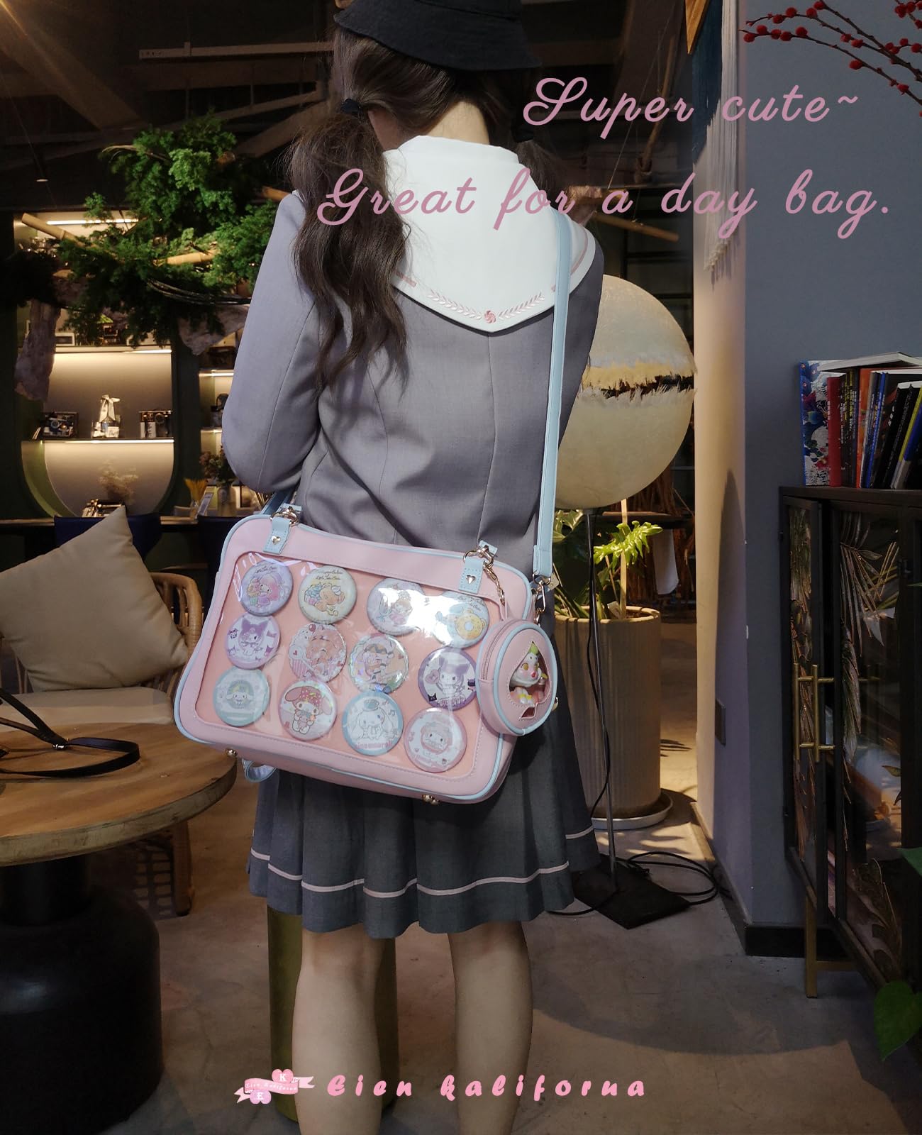 Eien Kaliforua Ita Bag Cute JK Uniform Bag Double Window Sweet PU Leather ita Bag Kawaii Pins Bag+cute small bag