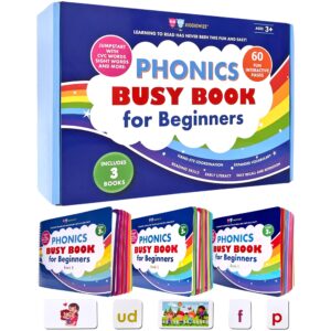 kiddiewize learn to read phonics busy book for beginning readers, montessori-inspired set of 3 books for kids ages 3 4 5 6 7 8, 60 learning activities, read in 4 weeks with cvc words and sight words