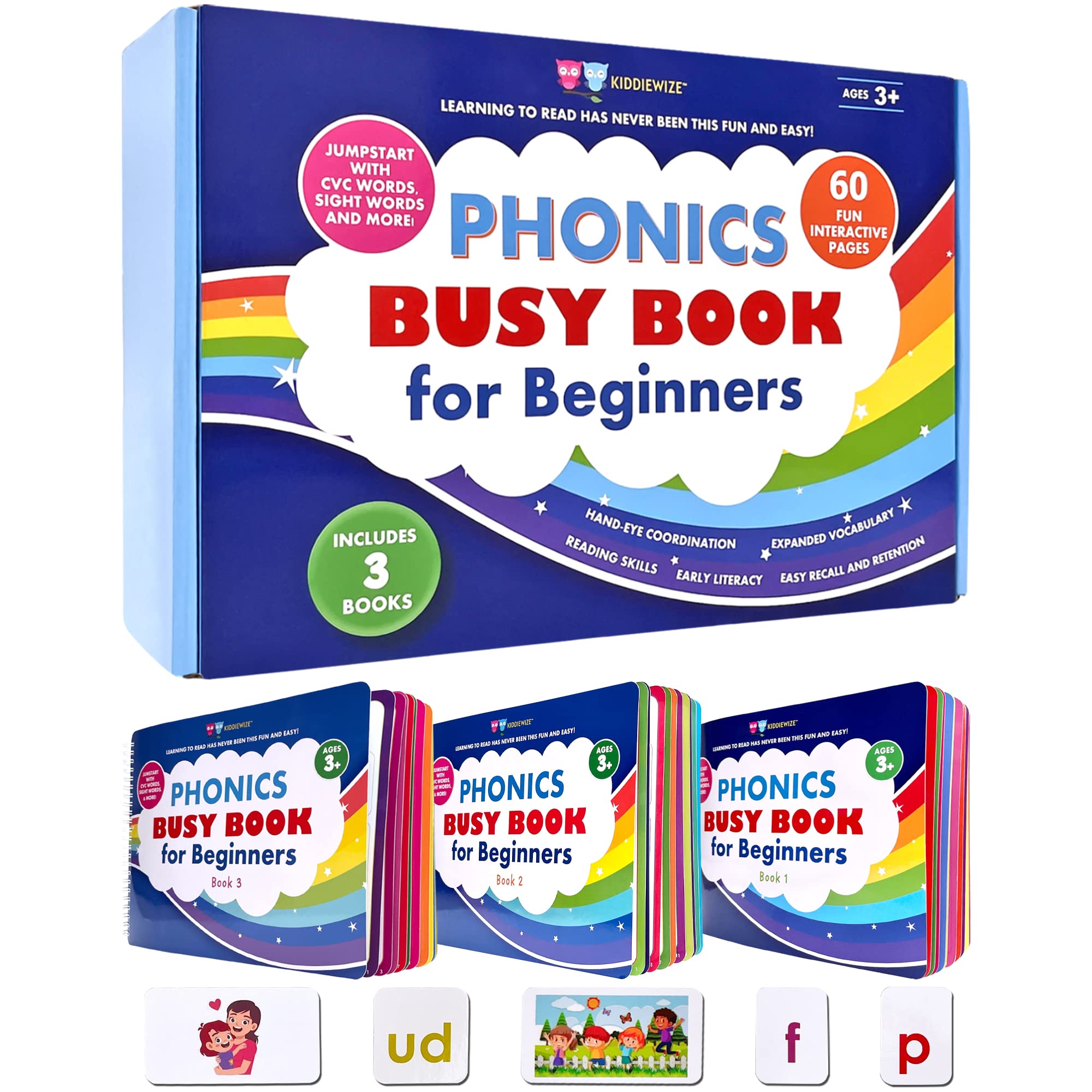 KIDDIEWIZE Learn to Read Phonics Busy Book for Beginning Readers, Montessori-Inspired Set of 3 Books for Kids Ages 3 4 5 6 7 8, 60 Learning Activities, Read in 4 Weeks with CVC Words and Sight Words